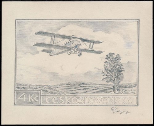 Dibujo a lápiz de Karel Seizinger para uno de los sellos aéreos de 1930, 14,5 x 10cm