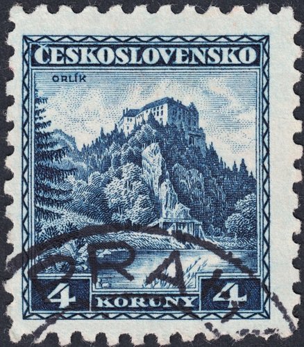 Checoslovaquia, 1932, Castillo de Orlík. Diseño y grabado de Karl Seizinger