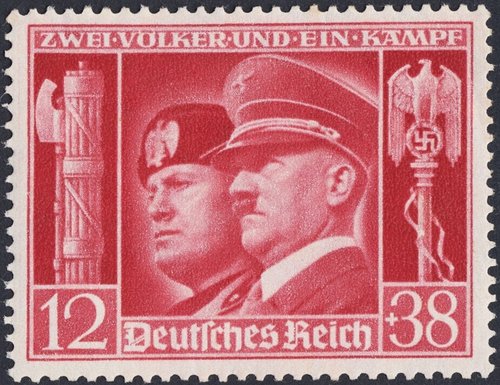 Alemania, 1941, Eje italo alemán, Mussolini y Hitler. Sello diseñado por Gottfried Klein e impreso en huecograbado