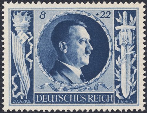Uno de los seis valores de la emisión con la que Alemania celebró en 1943 el 54 cumpleaños de Hitler. Sello diseñado por Gottfried Klein e impreso en huecograbado