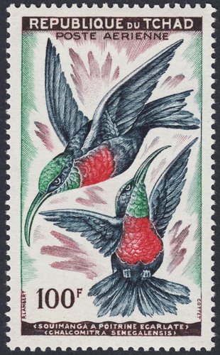 República del Chad, uno de los sellos de la serie de correo aéreo de 1961, Chalcomitra senegalensis. Diseño de Pierrette Lambert y grabado de René Cottet. Calcografía