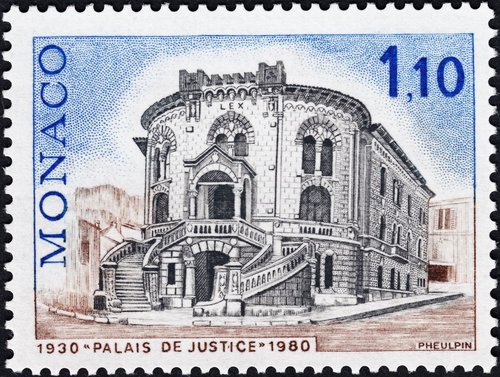 Mónaco, 1980, Palacio de Justicia. Sello diseñado y grabado por Jean Pheulpin. Calcografía