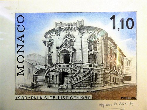Diseño original de Jean Pheulpin para el sello monegasco de 1980 del Palacio de Justicia