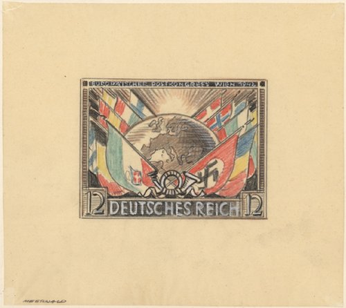 Otro diseño de Meerwald descartado para esta emisión del Congreso Postal de Viena. Lápiz sobre papel, 24 x 21 cm