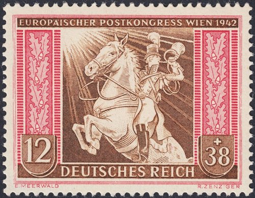 Sello emitido por Alemania en 1942, diseñado por Erich Meerwald y grabado por Rudolf Zenziger. Impresión en calcografía