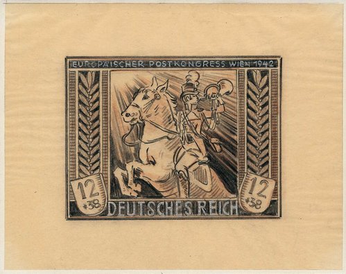 Diseño de Erich Meerwald casi definitivo para el sello de valor facial 12  + 38 pfennig. Lápiz sobre cartulina, 21.2 x 16.9 cm