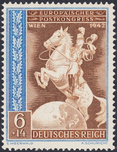 Alemania, 1942, Congreso Postal Europeo, Viena. Diseño de Erich Meerwald y grabado de Arthur Schuricht. Impresión en calcografía