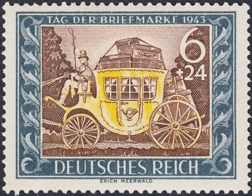 Alemania, 1943, Día del Sello. Diseño de Erich Meerwald. Impresión combinada en litografía y calcografía en la Reichsdruckerei de Berlín