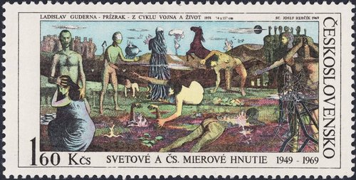 Checoslovaquia, 1969, 20 aniversario del Movimiento por la Paz Mundial. Sello diseñado y grabado por Josef Herčík a partir de la obra de Ladislav Guderna. Calcografía y huecograbado