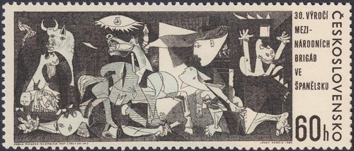 Checoslovaquia, 1966, 30 aniversario de las Brigadas Internacionales. Obra “Guernica” (1937), de Pablo Picasso. Diseño y grabado de Josef Herčík. Calcografía y huecograbado