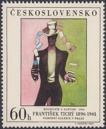 Uno de los dos sellos diseñados y grabados por Herčík de la serie de Arte de 1967. Obra de František Tichý, “Mago con cartas” o “El prestidigitador”. Calcografía