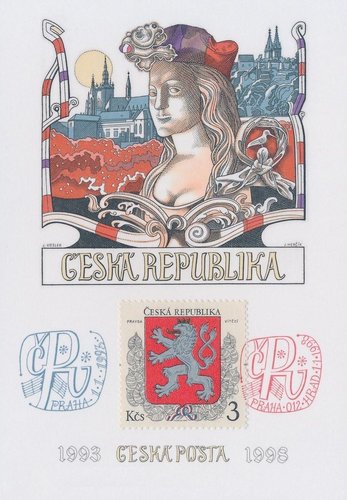 República Checa, 1998, hojita especial con el sello de 1993 emitido, diseñado y grabado por Herčík, debajo de la propuesta original de Liesler para el primer sello del nuevo Estado, que fue descartada