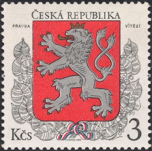 República Checa, 20 de enero de 1993, el primer sello del recién constituido Estado. Emblema de la República Checa. Diseño y grabado de Josef Herčík. Calcografía y huecograbado