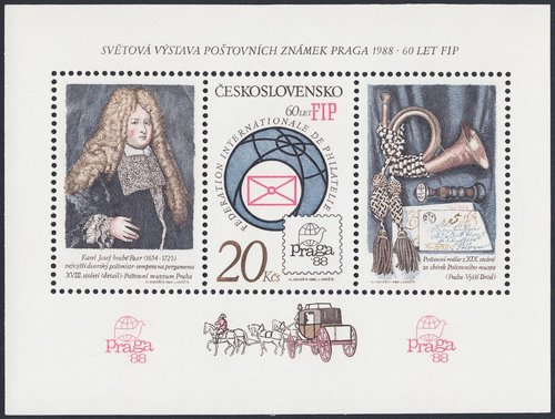 Checoslovaquia, 1986, 60 aniversario de la Federación Internacional de Filatelia (FIP). Diseño de Vladimír Kovářík y grabado de Josef Herčík. Calcografía