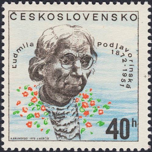 Checolsovaquia, 1972, Ľudmila Podjavorinská, escritora. Diseño de Albín Brunovský y grabado de Josef Herčík. Calcografía y huecograbado