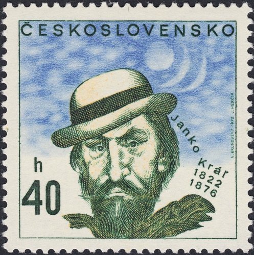 Checolsovaquia, 1972, Janko Kráľ, poeta. Diseño de Albín Brunovský y grabado de Josef Herčík. Calcografía y huecograbado