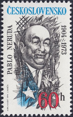 Checolsovaquia, 1974, Pablo Neruda, poeta. Diseño de Albín Brunovský y grabado de Josef Herčík. Calcografía y huecograbado