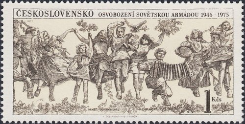 Checoslovaquia, 1975, aniversarios políticos, detalle de “En recuerdo de la liberación del Ejército soviético”, de Adolf Zábranský. Diseño y grabado de Josef Herčík. Calcografía
