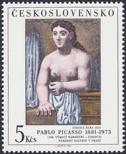 Checoslovaquia, 1981, “Mujer de pie” (1921), de Pablo Picasso. Diseño y grabado de Josef Herčík. Calcografía