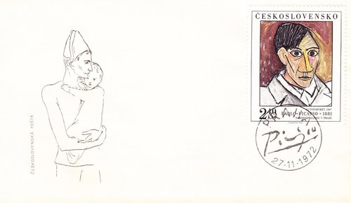 Sobre de Primer Día de la emisión de 1972 con un autorretrato de Picasso de 1907, sello que también grabó Josef Herčík