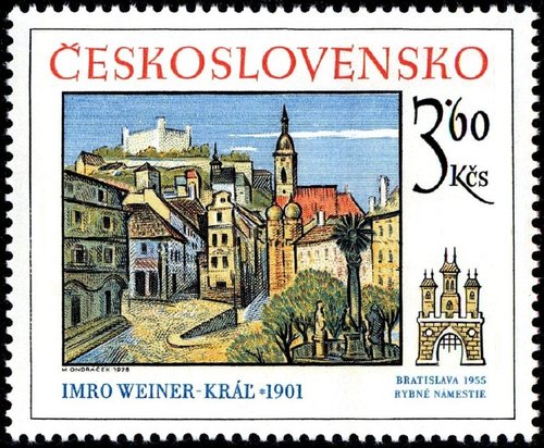 Checoslovaquia, 1978, “Bratislava, Rybné námestie” (1955), de Imro Weiner-Kráľ. Sello grabado por Miloš Ondráček. Calcografía