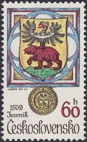 Checoslovaquia, 1979, Jeseník, escudo de armas. Diseño de  Josef Herčík y grabado de Jindra Schmidt. Calcografía y huecograbado