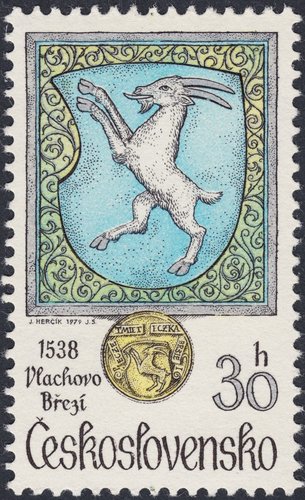 Checoslovaquia, 1979, Vlachovo Březí, escudo de armas. Diseño de  Josef Herčík y grabado de Jindra Schmidt. Calcografía y huecograbado