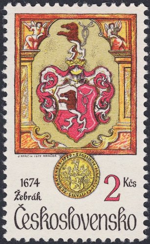 Checoslovaquia, 1979, Žebrák, escudo de armas. Diseño de Josef Herčík y grabado de Jan Mráček. Calcografía y huecograbado