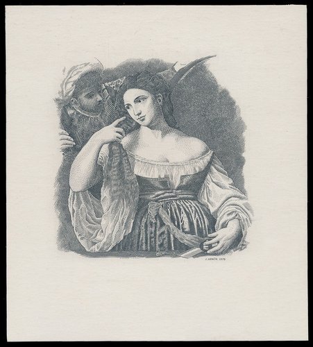 Prueba de impresión del grabado de la bella joven de Tiziano realizado por Josef Herčík en 1978, para el sobre de Primer Día de su hojita del gran artista italiano