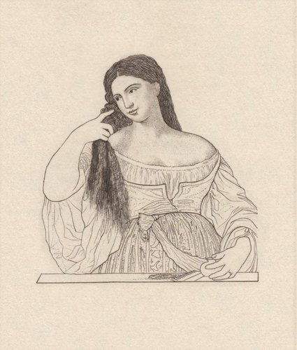 Grabado especial de Švengsbír de la joven del óleo de Tiziano. Prueba de impresión
