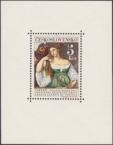 Checoslovaquia, 1965, “Mujer joven en el baño”, de Tiziano. Diseño y grabado de J. Švengsbír. Impresión calcográfica