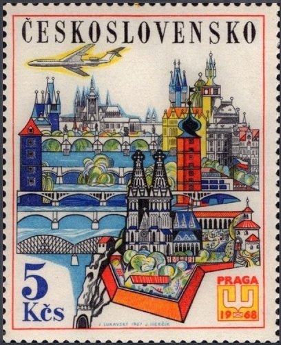 Checoslovaquia, 1967, Exposiciones  Filatélicas Internacionales, Praga 68. Vista de Praga. Diseño de Jaroslav Lukavský y grabado de Josef Herčík. Huecograbado y calcografía