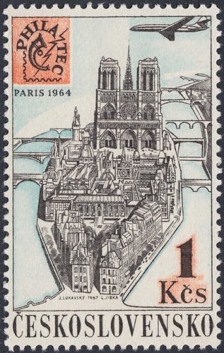 Checoslovaquia, 1967, Exposiciones Filatélicas Internacionales, París 64 (Philatec). La Isla de la Cité, París. Diseño de Jaroslav Lukavský y grabado de Ladislav Jirka. Huecograbado y calcografía