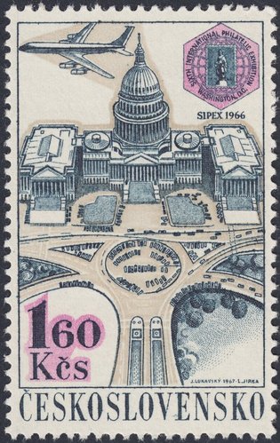 Checoslovaquia, 1967, Exposiciones Filatélicas Internacionales, Washington 66 (Sipex). Capitolio, Washington. Diseño de Jaroslav Lukavský y grabado de Ladislav Jirka. Huecograbado y calcografía
