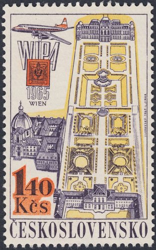 Checoslovaquia, 1967, Exposiciones Filatélicas Internacionales, Viena 64 (Wipa). Palacio Belvedere, Viena. Diseño de Jaroslav Lukavský y grabado de Ladislav Jirka. Huecograbado y calcografía