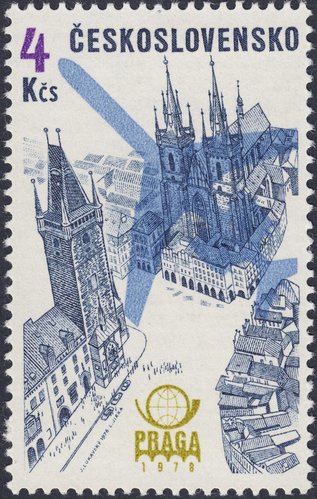 Checoslovaquia, 1976, Exhibición Filatélica Internacional Praga 78, Correo Aéreo. Praga, Plaza de la Ciudad Vieja. Diseño de Jaroslav Lukavský y grabado de Ladislav Jirka. Calcografía y huecograbado