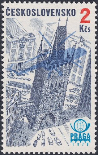 Checoslovaquia, 1976, Exhibición Filatélica Internacional Praga 78, Correo Aéreo. Praga, Torre de la Pólvora. Diseño de Jaroslav Lukavský y grabado de Ladislav Jirka. Calcografía y huecograbado