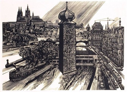 Una bella xilografía de Jaroslav Lukavský, en la que vemos una Praga sin tiempo, de ayer y de hoy