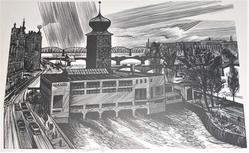 La Torre de Agua y el edificio Mánes de Praga vistos en el sello de 60h de la entrada anterior (1976), ahora en una xilografía del propio Lukavský
