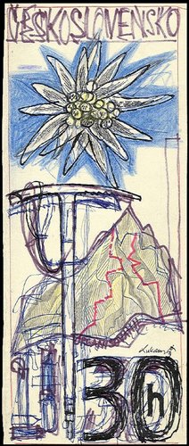 Boceto preliminar de Jaroslav Lukavský para el sello que en 1971 Checoslovaquia dedicó al alpinismo asociado. Dibujo coloreado, 30 x 12 cm