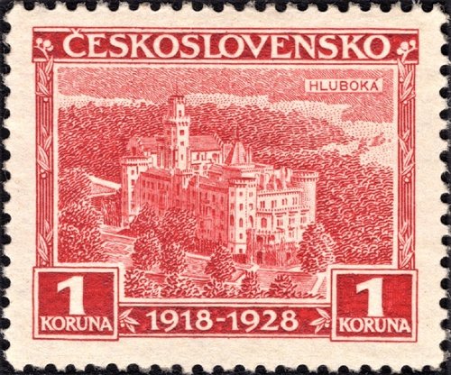 Checoslovaquia, 1928, Castillo de Hluboká. Diseño de y grabado de Karl Seizinger. Calcografía (Imagen procedente de engravedstamps.net)
