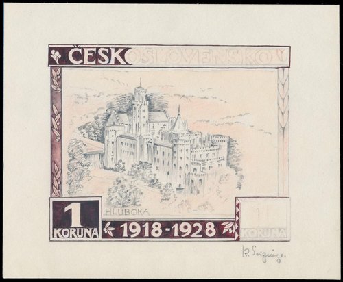 Boceto preliminar de Karl Seizinger para el sello del Castillo de Hluboká. Lápiz y acuarela, 12.3 x 10.2 cm