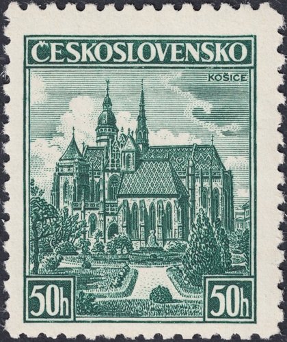 Checoslovaquia, 1938, Catedral de Santa Isabel, en Košice. Diseño Karel Vik y grabado de Karl Seizinger. Calcografía