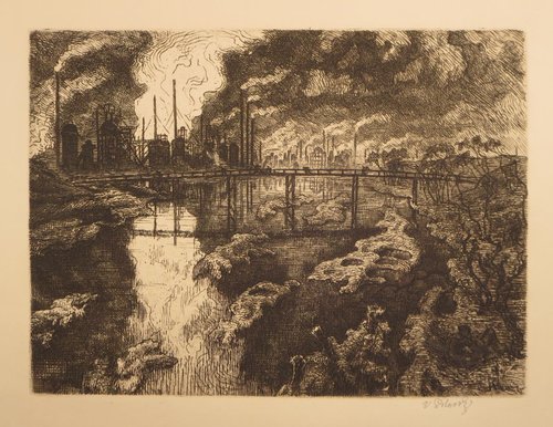 “Továrna za mostem” (1922, La fábrica detrás del puente), grabado de Vladimír Silovský, 24 x 18 cm