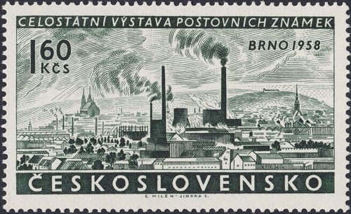 Checoslovaquia, 1958, Exposición Filatélica de Brno. Vista de Brno. Sello grabado por Jindra Schmidt a partir de una obra de Eduard Milén. Calcografía