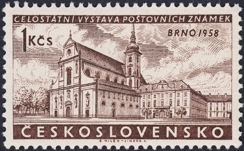 Checoslovaquia, 1958, Exposición Filatélica de Brno. Iglesia de Santo Tomás, Brno. Sello grabado por Jindra Schmidt, tras una obra de Eduard Milén. Calcografía