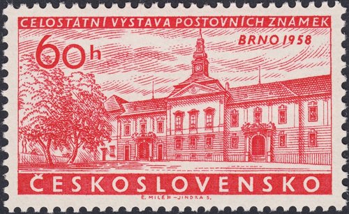 Checoslovaquia, 1958, Exposición Filatélica de Brno. Ayuntamiento de Brno. Grabado de Jindra Schmidt a partir de una ilustración de Eduard Milén. Calcografía