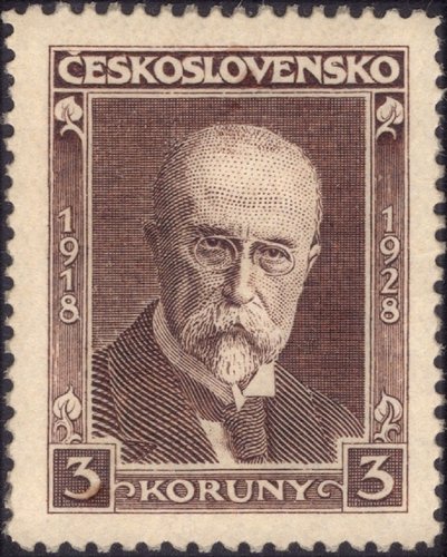 Checoslovaquia, 1928, Tomáš Garrigue Masaryk, décimo aniversario de la constitución <br />del Estado de Checoslovaquia. Diseño y grabado de Karl Seizinger (Imagen procedente de engravedstamps.net)