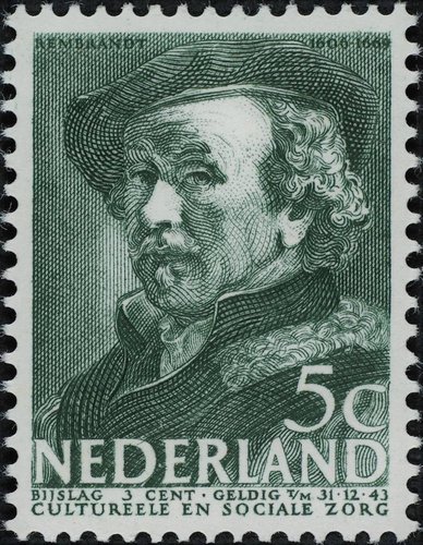 Sello calcográfico de Rembrandt emitido por los Países Bajos en 1938, grabado por Sem Hartz