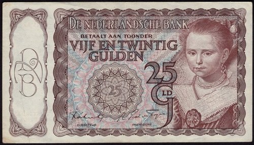 Billete neerlandés de 25 gulden de 1944 cuyo retrato, procedente de una pintura de Paulus Moreelse de 1623, grabó Hartz durante unos años difíciles, de clandestinidad obligada